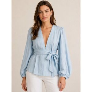 Petersyn Long Sleeve Blouse 100% Linen Light Blue Tie Front Blouse USA NWT XS